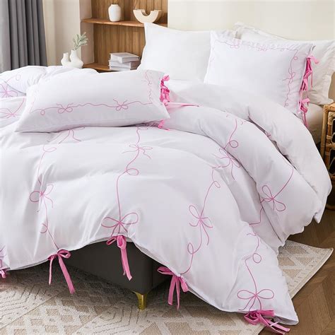 Amazon.com: Pink Bow Duvet Cover Queen White and Pink Bedding Set ...