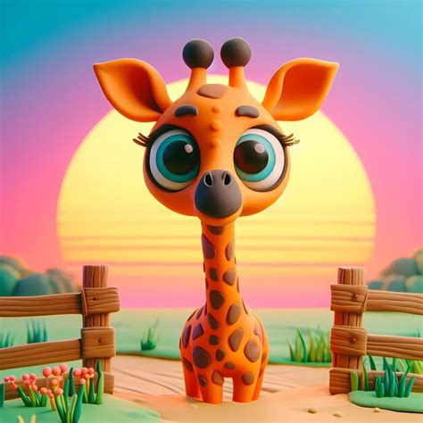 A cartoon drawing of cute giraffe with sunset background | Premium AI ...