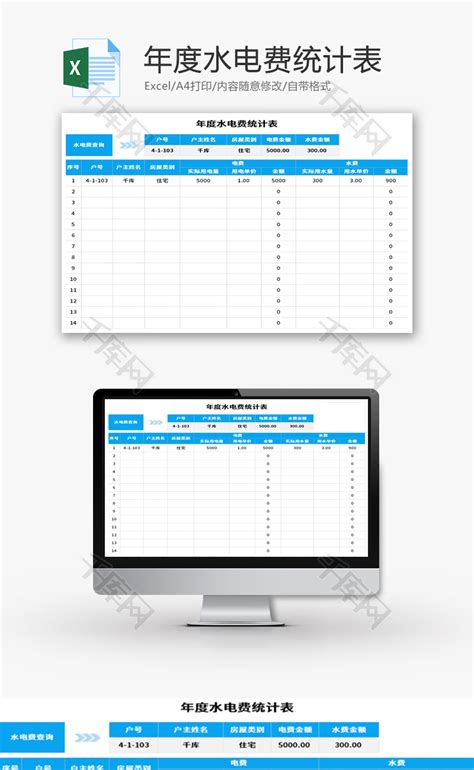 年度水电费统计表Excel模板_千库网(excelID：136626)