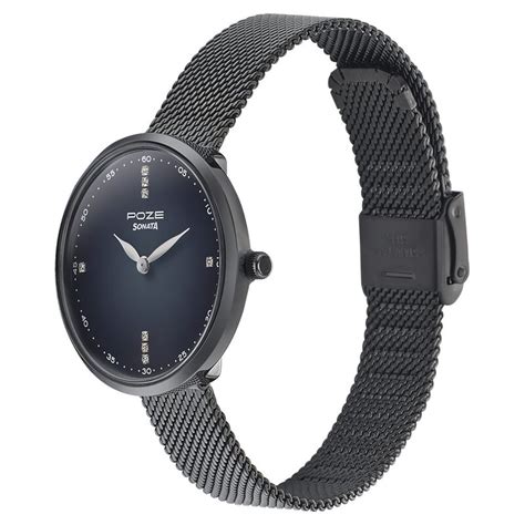 Sonata Poze Quartz Analog Black Dial Mesh Strap Watch for Women
