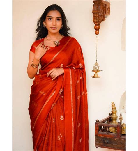 Burnt Orange Premium Luxury Silk Saree with Subtle Gold Zari Booti & E ...