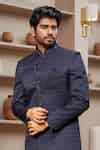 Buy Blue Jacquard, Faux Leather, Silk Navy Geometric Jaal Sherwani And ...