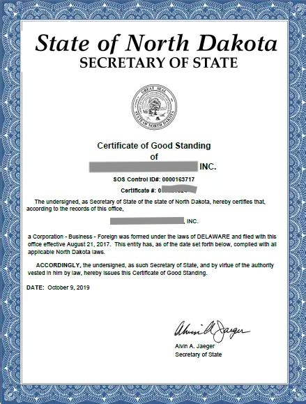 North Dakota Certificate of Good Standing | Certificate of Fact