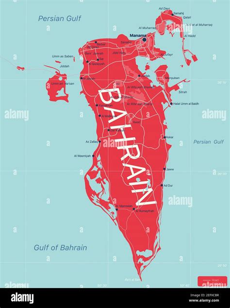 Bahrain country detailed editable map with regions cities and towns, roads and railways ...