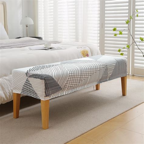 Elastic Printed Dining Bench Stretchable Slipcover, Snow White Black G ...