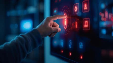 A hand reaches out to interact with a futuristic smart home interface ...