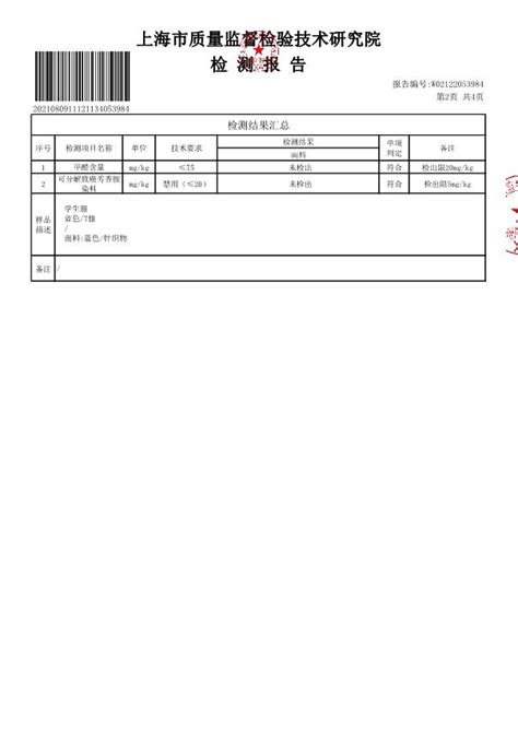 2021学年第一学期校服征订检测报告(T恤) - 内容 - 上海师范大学第一附属小学