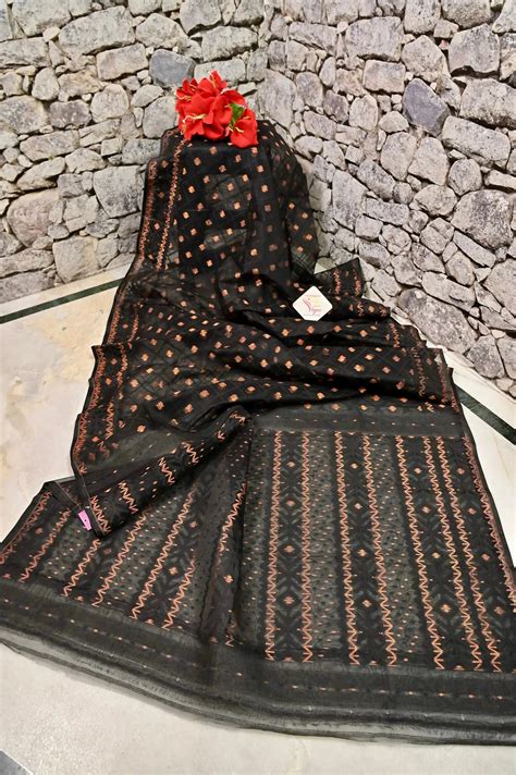 Buy Midnight Black Color Jamdani Saree with Allover Weaving and Copper ...