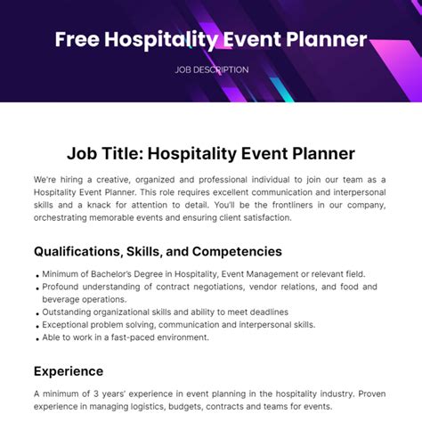 Free Hospitality Event Planner Job Description Template to Edit Online