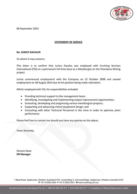 Dacalos, Junice - Statement of Service Sept2014 | PDF