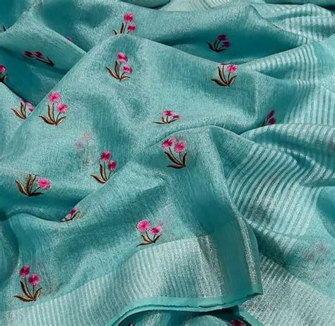 Pure Tissue Linen Silk Saree with Embroidery Work.( length- 6.3 meter ...
