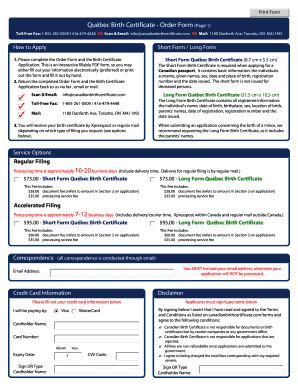 Fillable Online Qu bec Birth Certificate - Order Form (Page 1) Fax ...
