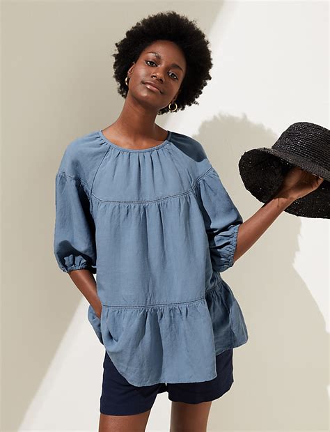 Buy High Neck Puff Sleeve Top with Linen at Marks & Spencer