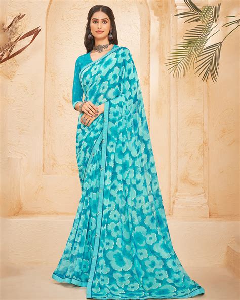 Vishal Prints Dark Turquoise Blue Printed Georgette Saree With Fancy B
