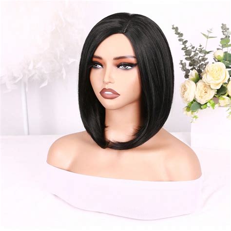 Peluca de Bob negro con raya central, peluca de Bob invertido sintético ...