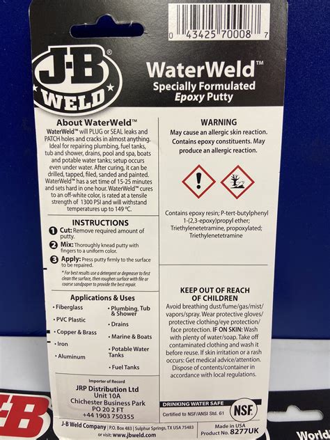 jb Water Weld Quick-Setting Putty (8277) SETS UNDER WATER FIX LEAKS ...