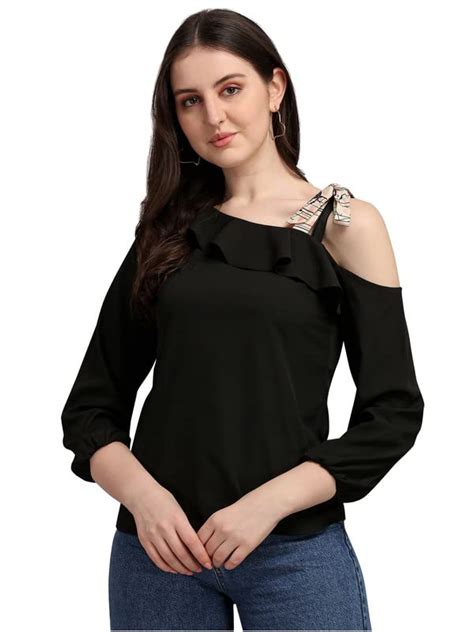 Selvia Women's Cuff Sleeve Crepe Asymmetric Neck One Shoulder Top ...