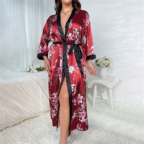 Nexjvus Silk Robes for Women Kimono Robe Floral Long Satin Robe with ...