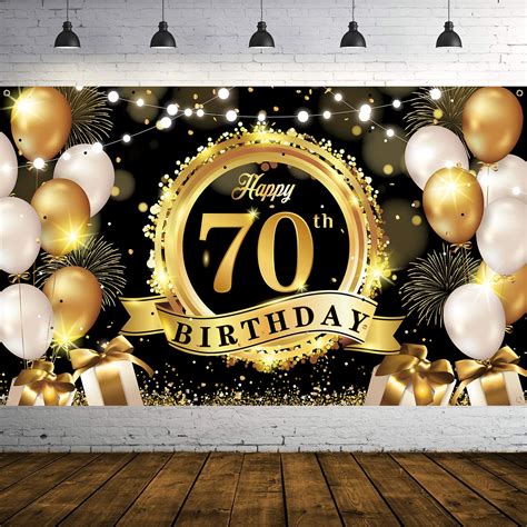 Buy 70th Birthday Decoration Banner, 70th Black Gold Birthday Backdrop ...