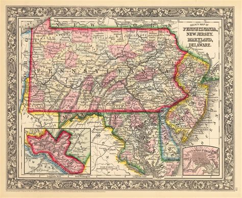 Antique Map of Pennsylvania, New Jersey, Maryland, & Delaware ...