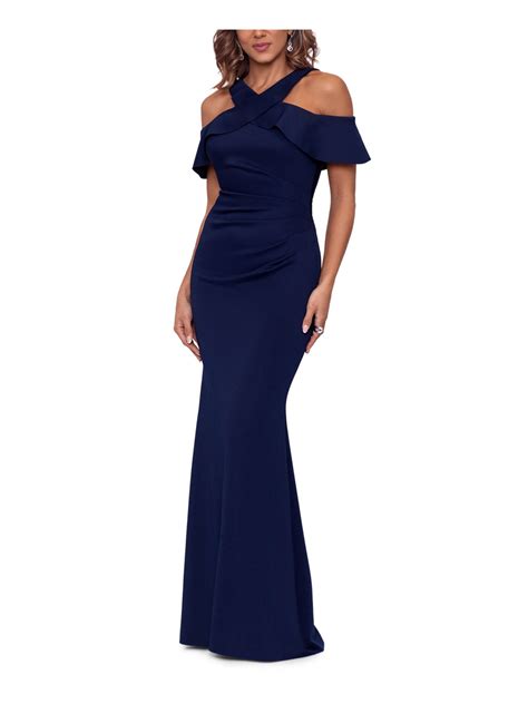 XSCAPE Womens Navy Zippered Pleated Cold Shoulder Short Sleeve Halter ...