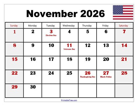 Thanksgiving 2026 Calendar - Free Printable Templates