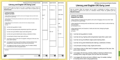 CfE Early Level Literacy and English Checklist - Twinkl