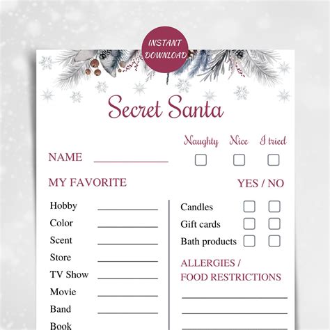 Printable Secret Santa List - Printable Board Games