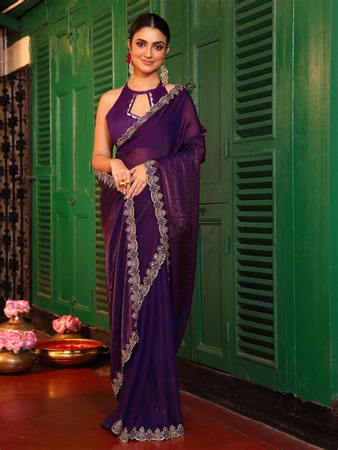 Buy Wine Embellished Border Tissue Saree 21597 Online | Karagiri