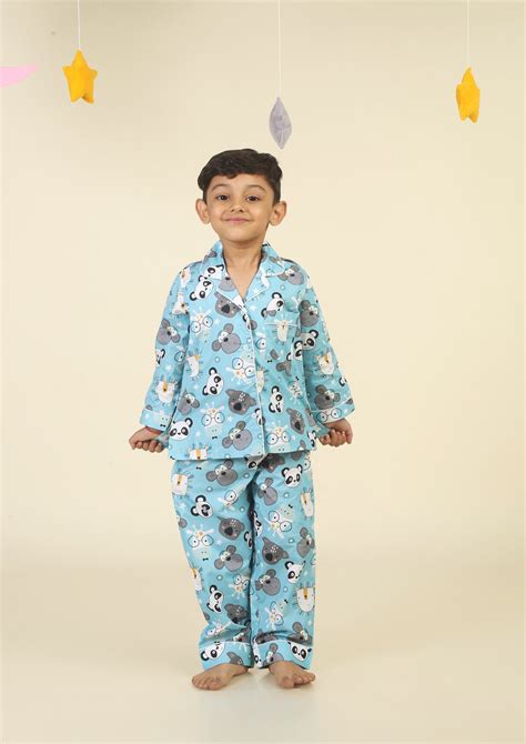 Cute Animal Faces Light Blue Pajama Set – Kidoosleep