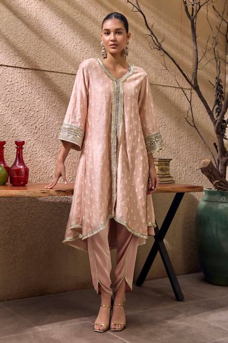 Buy Pink Chanderi Silk, Modal, Satin Lace V-neck Embroidered Kurta And ...