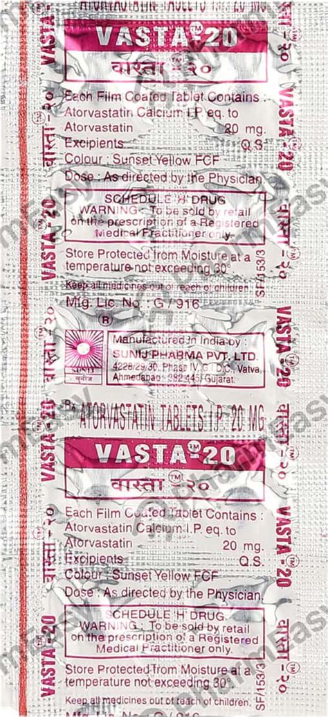 Vasta 20 MG Tablet (10): Uses, Side Effects, Price & Dosage | PharmEasy