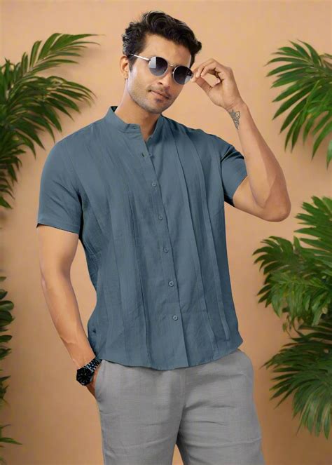 Blue Grey Pure Linen Half Sleeve Shirt with Space Tucks & Band Collar ...