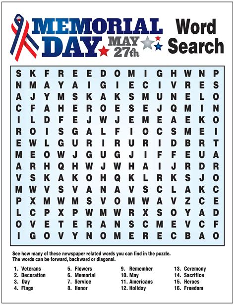 Memorial Day Word Search Free Printable