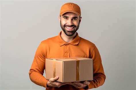 Portrait of happy indian delivery man in red cap and tshirt hold ...