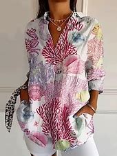 Women's Shirt Button Down Tunic Shirt Collar Long Sleeve Floral Casual ...