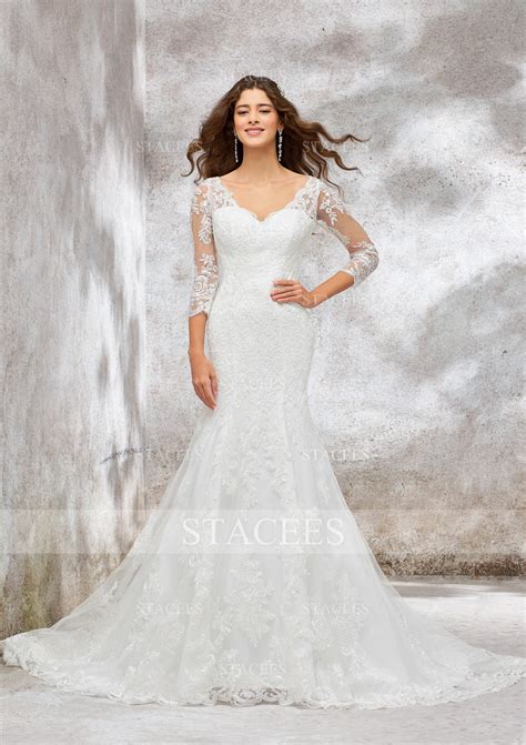 Trumpet/Mermaid V Neck 3/4 Sleeve Chapel Train Satin Lace Wedding Dress With Beading Sequins ...