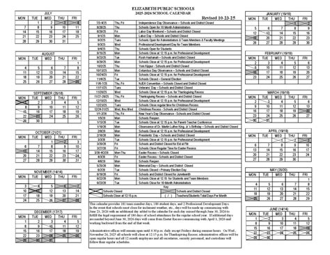 Elizabeth Public Schools Calendar 2025-2026 Holidays
