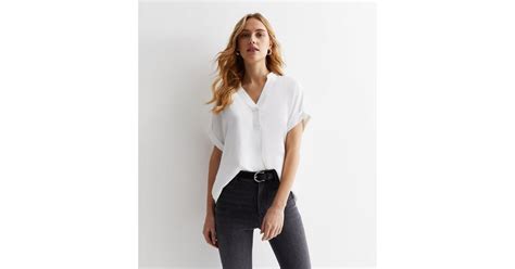 White V Neck Roll Sleeve Top | New Look