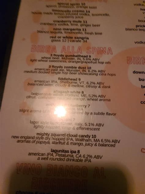 Menu at Osteria Nino restaurant, Burlington