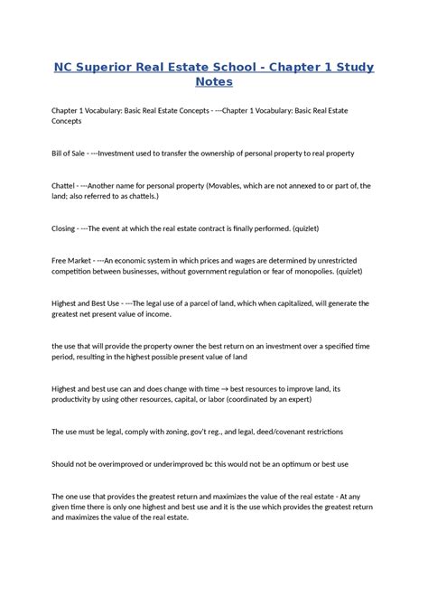 NC Superior Real Estate School - Chapter 1 Study Notes: Basic Real ...
