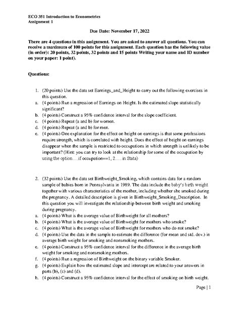 ECO 351 HW1 Fall 22 - assignments on stata - ECO 351 Introduction to Econometrics Assignment 1 ...