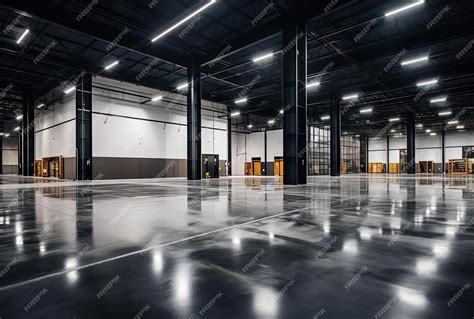 A modern warehouse with concrete floor and some lighting in the style ...