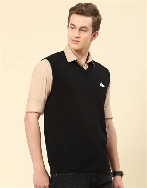 Buy Men Black Solid V Neck Sleeveless Sweater Online in India - Monte Carlo