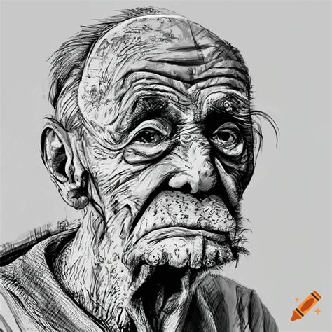 Old man portrait, black and white sketch, clean lines