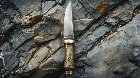 A closeup of a vintage knife with a brass handle resting on a textured ...