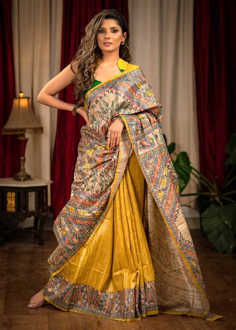 Exclusive mustard pure raw silk hand painted Madhubani designer saree ...