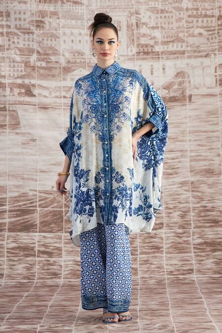 Buy Blue Silk Embroidery Collared Kamara Floral Print Shirt Tunic With ...
