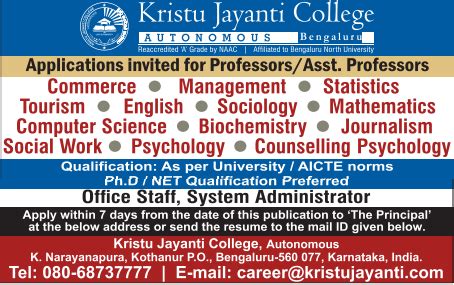 KJC Bengaluru Biochemistry Faculty Opening