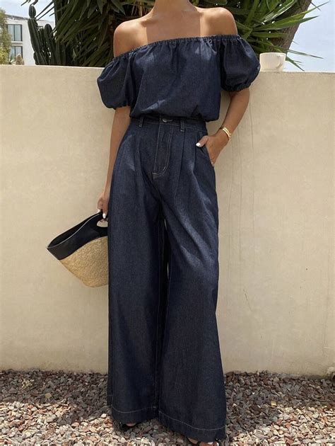 DAZY Women Denim Two Pieces Outfits,Off Shoulder Top | SHEIN USA